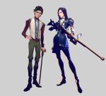  1boy 1girl arcane:_league_of_legends armor ascot bangs brown_gloves brown_hair brown_pants caitlyn_(league_of_legends) cane choker closed_mouth english_commentary gloves grey_background grey_vest gun hand_on_hip highres holding holding_gun holding_weapon juliet_sleeves league_of_legends long_hair long_sleeves looking_at_viewer pants puffy_sleeves red_shirt rifle shiny shiny_hair shirt shoes short_hair shoulder_armor simple_background snatti sniper_rifle standing vest viktor_(league_of_legends) weapon 