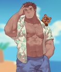  1boy absurdres animal_crossing bara blue_eyes blue_shorts chest_hair closed_mouth dark-skinned_male dark_skin expressionless guoguo highres large_pectorals male_focus mature_male muscular muscular_male open_clothes open_shirt pectoral_cleavage pectorals personification shorts solo thick_eyebrows tom_nook_(animal_crossing) 