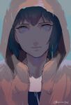  1girl blue_background brown_jacket closed_mouth commentary face ghost_in_the_shell hood hood_up hooded_jacket jacket katsuoboshi kusanagi_motoko looking_at_viewer purple_hair short_hair solo twitter_username 