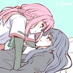  2girls arm_support artist_name assertive_female blue_eyes blue_hair blush eye_contact long_hair looking_at_another lying magia_record:_mahou_shoujo_madoka_magica_gaiden mahou_shoujo_madoka_magica multiple_girls nanami_yachiyo on_back pink_eyes pink_hair school_uniform serafuku studiozombie tamaki_iroha upper_body yuri 