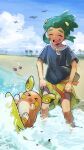  &gt;_&lt; 1boy :d alolan_raichu bird black_shirt closed_eyes cloud commentary_request dark-skinned_male dark_skin day floral_print green_hair hau_(pokemon) highres male_focus mikanbako_(aitatadon3) open_mouth orange_shorts outdoors palm_tree pokemon pokemon_(creature) pokemon_(game) pokemon_sm pyukumuku sand shirt shore short_ponytail shorts sky smile standing teeth tongue tree upper_teeth wading water wingull 