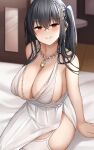  1girl azur_lane backless_dress backless_outfit black_hair blurry blurry_background breasts center_opening cocktail_dress dress evening_gown garter_straps hair_ornament hair_strand highres indoors jewelry large_breasts long_hair looking_at_viewer mizushina_minato necklace official_alternate_costume on_bed plunging_neckline red_eyes satin_dress see-through_dress sitting sleeveless sleeveless_dress solo taihou_(azur_lane) taihou_(temptation_on_the_sea_breeze)_(azur_lane) white_dress white_garter_straps wooden_floor 