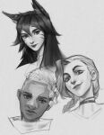  1boy 2girls absurdres ahri_(league_of_legends) animal_ears bangs braid choker closed_mouth cropped_shoulders ekko_(league_of_legends) facial_mark fox_ears freckles grey_background highres jinx_(league_of_legends) league_of_legends long_hair looking_at_viewer multiple_girls parted_lips short_hair simple_background sketch smile teeth twin_braids vincent_t_(oriaarts) whisker_markings 