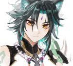  1boy animal_ears arm_tattoo armor bangs bead_necklace beads black_hair blue_hair facial_mark forehead_mark fractalmagnolia genshin_impact jewelry looking_at_viewer male_focus multicolored_hair necklace shoulder_armor simple_background sketch solo spikes tassel tattoo upper_body white_background xiao_(genshin_impact) yellow_eyes 