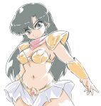  1girl armor asou_yuuko bikini_armor black_eyes black_hair breasts cleavage commentary_request cowboy_shot eyelashes gold_armor long_hair medium_breasts midriff miniskirt mugen_senshi_valis navel okuri_ookami red_bandana shirt shoulder_pads simple_background skirt stomach valis vambraces white_background white_shirt 