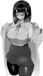  1girl absurdres bangs blush breasts collared_shirt dress_shirt glasses greyscale highres jacket large_breasts long_sleeves looking_at_viewer mitsudoue monochrome open_clothes open_jacket original pantyhose shirt short_hair skirt solo thighs 