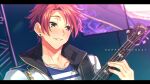  1boy bass_guitar blush english_text from_argonavis green_eyes hair_ornament hairclip happy_birthday instrument jacket jewelry male_focus matoba_wataru necklace popped_collar red_hair saigi solo upper_body 