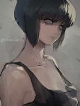 1girl black_tank_top blue_eyes breasts cleavage closed_mouth collarbone commentary expressionless ghost_in_the_shell grey_background katsuoboshi kusanagi_motoko purple_hair short_hair solo tank_top twitter_username upper_body 