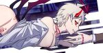  2boys absurdres alternate_costume alternate_eye_color alternate_hair_color collarbone cowboy_shot cream cream_on_face danganronpa_(series) danganronpa_2:_goodbye_despair demon_horns demon_tail demon_wings food food_on_face grey_background grey_hair grey_shirt grin hand_tattoo highres hinata_hajime horns long_sleeves low_wings lying multicolored_background multiple_boys neck_tattoo nipples on_stomach open_clothes open_shirt pubic_tattoo red_eyes shirt short_hair short_pointy_ears smile suggestive_fluid tail tattoo teeth wings yaoi ziling 