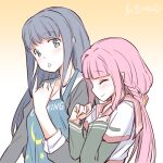  2girls apron artist_name blue_eyes blue_hair blush long_hair magia_record:_mahou_shoujo_madoka_magica_gaiden mahou_shoujo_madoka_magica multiple_girls nanami_yachiyo pink_hair school_uniform serafuku smile studiozombie tamaki_iroha tongue tongue_out upper_body 