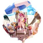  2girls ahoge anklet barefoot beach beach_chair beach_umbrella bikini black_bikini breasts cleavage collarbone flower frilled_bikini frills full_body game_cg girls&#039;_frontline girls&#039;_frontline_neural_cloud grill hair_flower hair_ornament hat hat_removed headwear_removed highres jewelry legs lifebuoy long_hair medium_breasts multiple_girls ocean official_alternate_costume official_art on_chair one_eye_closed outdoors pink_eyes pink_hair qbu-88_(girls&#039;_frontline) sand sandals seashell see-through shell shoes shoes_removed sitting solo_focus starfish sun_hat swimsuit transparent_background umbrella water_gun watermelon_slice wet wet_hair wz.29_(girls&#039;_frontline) 