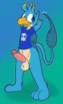  2021 3_toes anthro anthrofied avian balls beak big_balls big_penis blonde_hair blue_body blue_clothing blue_eyes blue_feathers blue_fur blue_hair blue_pupils blue_shirt blue_topwear bottomless clothed clothing erection feathered_wings feathers feet front_view fur gallus_(mlp) genitals glans gradient_background green_background gryphon hair hands_behind_head hi_res humanoid_genitalia humanoid_penis looking_away male mythological_avian mythology open_mouth orange_balls orange_body orange_fur penis pupils raised_arms red_glans shirt simple_background smile solo standing tail_tuft toes topwear tuft ultilix wings yellow_beak yellow_body yellow_feathers 