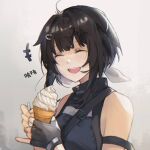  +++ 1girl :d arknights bangs bare_shoulders black_gloves black_hair blush breasts closed_eyes commentary eyebrows_visible_through_hair facing_viewer fingerless_gloves food gloves hair_ornament hairclip highres holding holding_food holding_spoon ice_cream ice_cream_cone la_pluma_(arknights) laughing medium_breasts open_mouth sachimint short_hair sleeveless smile soft_serve solo spoon teeth translation_request upper_teeth 