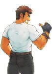  1boy ass back bara barry_go brown_hair cowboy_shot dark-skinned_male dark_skin facial_hair from_behind goatee highres kengo_(housamo) long_sideburns male_focus muscular muscular_male pointing pointing_at_self shirt short_hair sideburns solo stubble thick_eyebrows thighs tokyo_afterschool_summoners white_background white_shirt 