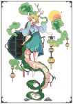  1girl antlers barefoot blonde_hair blue_shorts blue_skirt closed_mouth dragon_horns dragon_tail highres horns ideolo kicchou_yachie one_eye_closed otter_spirit_(touhou) pleated_skirt red_eyes short_hair shorts skirt smile solo tail touhou turtle_shell wide_sleeves 