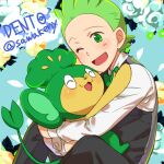  1boy ;d black_pants black_vest blush bow bowtie character_name cilan_(pokemon) commentary_request green_bow green_bowtie green_eyes green_hair holding holding_pokemon kanimaru long_sleeves male_focus one_eye_closed open_mouth pansage pants pokemon pokemon_(anime) pokemon_(creature) pokemon_bw_(anime) shirt short_hair smile tongue vest white_shirt 