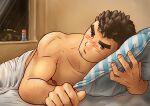  1boy absurdres arm_hair bara barry_go bed_invitation bed_sheet blush brown_hair chest_hair facial_hair foreshortening frown goatee hairy highres indoors kengo_(housamo) knuckle_hair large_pectorals long_sideburns looking_at_viewer lying male_focus muscular muscular_male naked_sheet nipples on_bed on_stomach pectorals pillow short_hair sideburns solo stomach stubble thick_eyebrows tokyo_afterschool_summoners 