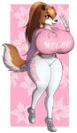  absurd_res anthro big_breasts black_nose blue_eyes bottomwear breasts brown_body brown_fur brown_hair canid canine canis clothed clothing collie curvy_figure digital_media_(artwork) domestic_dog english_text faith_keaton_(lildredre) female footwear fur hair herding_dog hi_res hoodie huge_breasts hyper hyper_breasts leggings legwear looking_at_viewer mammal midriff navel open_mouth pastoral_dog ponytail rough_collie sheepdog shoes simple_background smile sneakers solo text text_on_clothing text_on_topwear thick_thighs thong topwear underwear vanthi voluptuous wide_hips xwingedvixenx 