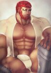  1boy abs absurdres bara beard bulge dark-skinned_male dark_skin erection erection_under_clothes eyebrow_cut facial_hair feet_out_of_frame flaming_eye hephaestus_(housamo) highres large_pectorals looking_at_viewer male_focus male_swimwear mature_male mono_(3436234) muscular muscular_male mustache navel open_clothes open_shirt pectoral_cleavage pectorals prosthesis prosthetic_leg red_eyes scar scar_on_chest scar_on_leg shirt short_hair sitting solo stomach swim_briefs thick_eyebrows thick_thighs thighs tokyo_afterschool_summoners white_male_swimwear white_shirt 