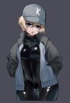  1girl baseball_cap black_bodysuit blonde_hair blue_eyes blue_jacket bodysuit breasts eyebrows_visible_through_hair grey_background grey_headwear hands_in_pockets hat highres jacket ka941 large_breasts latex latex_bodysuit long_sleeves looking_at_viewer open_mouth original short_hair simple_background solo thick_thighs thighs 