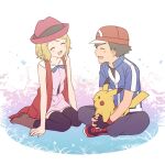  1boy 1girl :d arm_support ash_ketchum baseball_cap blue_jacket blue_ribbon blush boots brown_footwear closed_eyes collarbone commentary_request dress eyelashes hat jacket kanimaru neck_ribbon on_lap open_mouth pants pikachu pink_dress pokemon pokemon_(anime) pokemon_(creature) pokemon_on_lap pokemon_xy_(anime) red_footwear red_headwear ribbon serena_(pokemon) shirt shoes short_sleeves sitting smile thighhighs tongue 