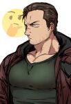  1boy bara black_hair brown_jacket closed_mouth detroit:_become_human emoji facial_hair gavin_reed green_shirt highres hood hood_down hooded_jacket jacket large_pectorals male_focus muscular muscular_male open_clothes open_jacket pectorals scar scar_on_face scar_on_nose shirt short_hair sideburns solo stubble sugo6969 thinking_emoji 