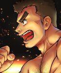  1boy bara barry_go brown_hair chest_hair embers facial_hair forked_eyebrows from_side goatee highres kengo_(housamo) long_sideburns male_focus muscular muscular_male nude pectorals short_hair shouting sideburns solo stubble thick_eyebrows tokyo_afterschool_summoners upper_body 