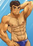  1boy abs alternate_costume arm_behind_head armpit_hair armpits bara barry_go blue_male_swimwear blush brown_hair bulge chest_hair cowboy_shot facial_hair goatee highres kengo_(housamo) long_sideburns looking_at_viewer male_focus male_swimwear muscular muscular_male navel navel_hair nipples pectorals short_hair sideburns solo stomach stubble swim_briefs thick_eyebrows tokyo_afterschool_summoners topless_male 