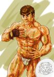  1boy abs absurdres arm_hair arsalan_(housamo) bara barry_go brown_hair bulge chest_hair chibi chibi_inset facial_hair feet_out_of_frame fundoshi goatee hairy highres japanese_clothes kengo_(housamo) large_pectorals leg_hair long_sideburns male_focus male_pubic_hair muscular muscular_male navel navel_hair nipples pectorals pubic_hair short_hair sideburns slime_(substance) solo stomach stubble thick_eyebrows thick_thighs thighs tokyo_afterschool_summoners topless_male wet wet_fundoshi wet_hair 