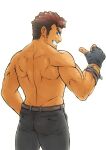  1boy ass back bara barry_go brown_hair cowboy_shot dark-skinned_male dark_skin facial_hair from_behind goatee highres kengo_(housamo) long_sideburns male_focus muscular muscular_male pointing pointing_at_self short_hair sideburns solo stubble thick_eyebrows thighs tokyo_afterschool_summoners topless_male white_background 