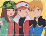  1girl 2boys ;d bangs black_shirt blue_jacket blue_oak brown_eyes brown_hair buttons camouflage camouflage_headwear coat collarbone commentary_request eyelashes framed green_jacket grin hand_on_headwear hand_up hat jacket jewelry leaf_(pokemon) long_hair looking_at_viewer multiple_boys necklace official_alternate_costume one_eye_closed open_mouth osigatoutoi_tou pink_shirt pokemon pokemon_(game) pokemon_masters_ex red_(pokemon) red_coat shirt short_hair sleeveless_coat smile spiked_hair teeth upper_body yellow_background zipper_pull_tab 
