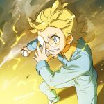  1boy bangs blonde_hair clemont_(pokemon) commentary_request electricity glasses grey_eyes grin hand_up holding holding_poke_ball jumpsuit kanimaru long_sleeves male_focus poke_ball poke_ball_(basic) pokemon pokemon_(anime) pokemon_xy_(anime) round_eyewear short_hair smile solo standing teeth 