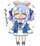  :d ^_^ animal_ears bangs blue_footwear blue_hair blue_jacket blue_ribbon blush_stickers carrot_hair_ornament chibi closed_eyes commentary_request dress eyebrows_visible_through_hair facing_viewer food-themed_hair_ornament full_body fur-trimmed_jacket fur-trimmed_sleeves fur_trim hair_between_eyes hair_ornament hair_ribbon hololive jacket kanikama long_sleeves off_shoulder official_alternate_costume open_clothes open_jacket rabbit_ears ribbon shoes short_eyebrows simple_background sleeves_past_wrists smile socks teeth thick_eyebrows translation_request two_side_up upper_teeth usada_pekora virtual_youtuber white_background white_dress white_legwear 