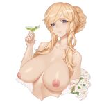  1girl bangs blonde_hair blue_eyes blush breasts bright_pupils character_request chinese_commentary collarbone commentary_request completely_nude cropped_torso cup drink drinking_glass eyebrows_visible_through_hair flower hair_bun highres holding holding_cup large_breasts lily_(flower) long_hair nipples nude olive parted_lips qingmingtongzi sidelocks simple_background smile solo swept_bangs warship_girls_r white_background white_flower 