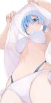  1girl armpits bangs bikini blue_eyes blue_hair blunt_bangs breasts closed_mouth clothes_lift commentary from_below hair_ornament highres hiroki_(yyqw7151) lifted_by_self light_frown looking_at_viewer looking_down navel re:zero_kara_hajimeru_isekai_seikatsu rem_(re:zero) shirt shirt_lift short_hair simple_background skindentation sleeveless sleeveless_shirt solo swimsuit underboob upshirt white_bikini white_shirt wide_hips x_hair_ornament 