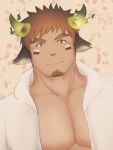  1boy animal_ears bara brown_eyes brown_hair casual cow_boy cow_ears cow_horns dark-skinned_male dark_skin facial_hair fiery_horns glowing_horns goatee highres horns large_pectorals light_blush male_focus mono_(3436234) muscular muscular_male official_alternate_costume pectoral_cleavage pectorals short_hair sideburns smile solo thick_eyebrows tokyo_afterschool_summoners upper_body wakan_tanka 