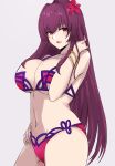  1girl absurdres bangs bikini bracelet breasts cleavage ekaki_kukuma fate/grand_order fate_(series) flower hair_flower hair_ornament hand_on_hip highres jewelry large_breasts looking_at_viewer navel open_mouth pink_bikini playing_with_own_hair purple_hair red_eyes scathach_(fate) scathach_(swimsuit_assassin)_(fate) smile solo swimsuit thighs 