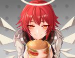  1girl angel arknights burger chinese_commentary closed_mouth commentary_request cupping_hands detached_wings english_commentary exusiai_(arknights) eyebrows_visible_through_hair food gloves gradient gradient_background grey_background hair_between_eyes halo headphones headphones_around_neck highres holding holding_food jacket looking_at_viewer mixed-language_commentary own_hands_together panties red_eyes red_hair short_hair simple_background smile solo underwear upper_body wenzheng147 white_jacket wings yellow_gloves 