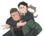  &gt;_o 2boys animal animal_on_shoulder bara black_hair black_jacket black_pants black_shirt blush brown_eyes brown_hair carrying carrying_person closed_mouth couple dark-skinned_male dark_skin dog earrings facial_hair goatee green_jacket irie_kazumichi jacket jewelry large_pectorals looking_at_another multiple_boys muscular muscular_male oishi_(psycho-pass) one_eye_closed open_clothes open_jacket pants pectorals piggyback psycho-pass shirt short_hair single_earring smile sugo6969 teeth undercut v yaoi 