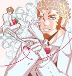  2boys bara bridal_veil claude_(housamo) couple facial_hair food food_on_face fork formal fruit goatee highres holding holding_fork husband_and_husband long_sideburns looking_at_viewer male_focus master_4_(housamo) mature_male miniboy multiple_boys nantaimori necktie official_alternate_costume short_hair sideburns strawberry suit tokyo_afterschool_summoners upper_body veil wedding white_necktie white_suit yaoi zaoanjisi 