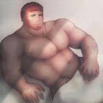  1boy bara beard bed_sheet dark-skinned_male dark_skin eyebrow_cut facial_hair flaming_eye groin hephaestus_(housamo) highres large_pectorals male_focus mature_male mono_(3436234) muscular muscular_male naked_sheet navel nipples nude pectorals red_eyes scar scar_on_chest short_hair sideburns smile solo stomach sunlight thick_eyebrows tokyo_afterschool_summoners 