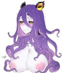  1girl black_sclera breasts closed_mouth collarbone colored_sclera eyebrows_visible_through_hair hair_between_eyes horizontal_pupils inverted_nipples looking_at_viewer monster_girl original pink_lips purple_hair scylla signature simple_background sketch solo solopipb tearing_up tentacle_hair tentacles trembling upper_body white_background yellow_eyes yellow_sclera 