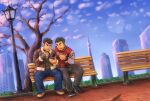 2boys absurdres bara bare_tree barry_go brown_hair casual couple denim eating facial_hair goatee highres holding holding_phone jeans kengo_(housamo) long_sideburns male_focus master_3_(housamo) multiple_boys official_alternate_costume on_bench pants phone short_hair sideburns sky smile stubble thick_eyebrows tokyo_afterschool_summoners tree 