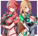 2girls amano_don arm_under_breasts armor back-to-back black_gloves blonde_hair bodysuit breasts cleavage cleavage_cutout clothing_cutout earrings fingerless_gloves gloves hair_ornament halterneck highres jewelry large_breasts long_sleeves looking_at_viewer multiple_girls mythra_(xenoblade) navel pyra_(xenoblade) red_eyes red_hair short_sleeves shoulder_armor side_cutout skin_tight skindentation standing thick_thighs thighs xenoblade_chronicles_(series) xenoblade_chronicles_2 yellow_eyes 