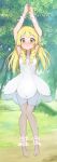  1girl arms_up bangs bare_arms barefoot blonde_hair blush braid closed_mouth collared_dress commentary day dress eyelashes frown full_body grass green_eyes highres knees_together_feet_apart lillie_(pokemon) long_hair outdoors pokemon pokemon_(game) pokemon_sm raised_eyebrows see-through sleeveless sleeveless_dress solo sundress tree twin_braids white_dress yuzukiaz 