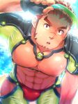  1boy :o abs akashi_(live_a_hero) bara bare_pectorals beach black_gloves bulge day facial_hair gloves highres karamaru_(karamari_11) large_pectorals live_a_hero looking_at_viewer male_focus male_swimwear muscular muscular_male navel nipples official_alternate_costume open_mouth outdoors pectorals red_eyes red_hair red_male_swimwear scar scar_on_face scar_on_nose solo summer swim_briefs visor_cap 