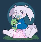  anthro blush cave_story clothing crossed_arms cuddlehooves diaper female grass hi_res lagomorph looking_at_viewer mammal mimiga pacifier paws plant plushie sitting solo spread_legs spreading sue_sakamoto sweater topwear video_games 