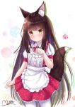  alternate_costume animal_ear_fluff animal_ears apron azur_lane bangs blunt_bangs blush brown_hair center_frills commentary enmaided eyebrows_visible_through_hair fox_ears fox_girl fox_tail frilled_apron frills hime_cut long_hair looking_at_viewer m_ko_(maxft2) maid nagato_(azur_lane) nail_polish pantyhose paw_pose pink_nails puffy_short_sleeves puffy_sleeves red_skirt short_sleeves sidelocks skirt tail waist_apron white_legwear yellow_eyes 