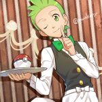  1boy ;) apron black_vest bow bowtie cilan_(pokemon) closed_mouth commentary_request green_bow green_bowtie green_eyes green_hair hand_up holding holding_tray index_finger_raised kanimaru looking_at_viewer male_focus no_sclera one_eye_closed poke_ball poke_ball_(basic) pokemon pokemon_(anime) pokemon_bw_(anime) short_hair smile solo tray vest waist_apron 