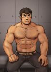  1boy abs bara barry_go belt black_pants blush brown_belt brown_hair chest_hair dark-skinned_male dark_skin facial_hair feet_out_of_frame goatee highres kengo_(housamo) large_pectorals long_sideburns male_focus muscular muscular_male navel navel_hair nipples pants pectorals short_hair sideburns sitting smile solo stomach stubble textless thick_eyebrows tokyo_afterschool_summoners topless_male 